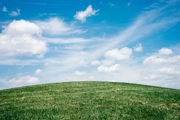 A green field with clouds